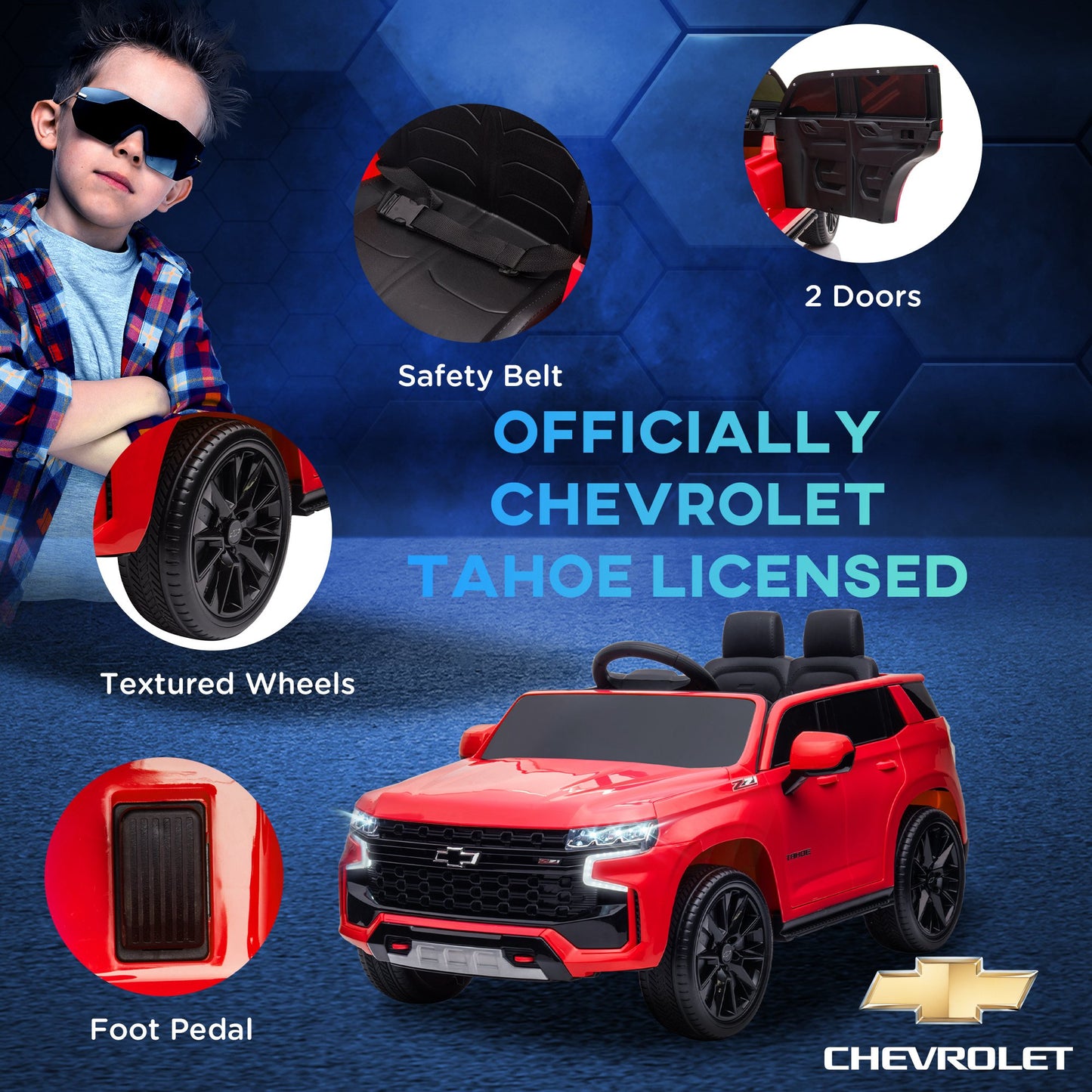 12V Chevrolet TAHOE Kids Ride On Car Remote Control MP3 Music Lights Electric Toy Truck 3-6 Years Red Kids Crystal