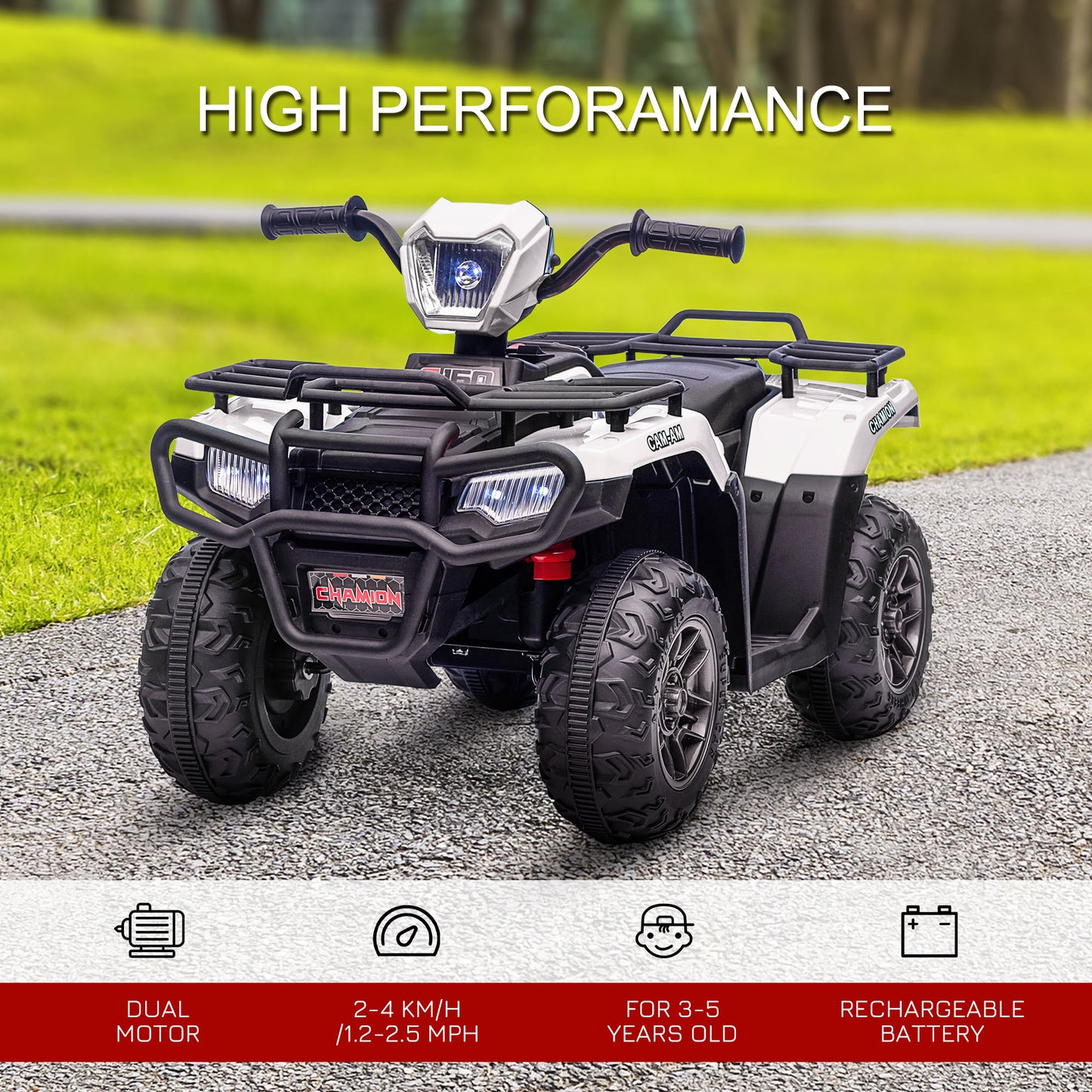 Kids ATV: 12V, 4 Wheeler Quad, Battery Powered, Music, LED Lights, Treaded Tires, 3-5 Years, White Kids Crystal