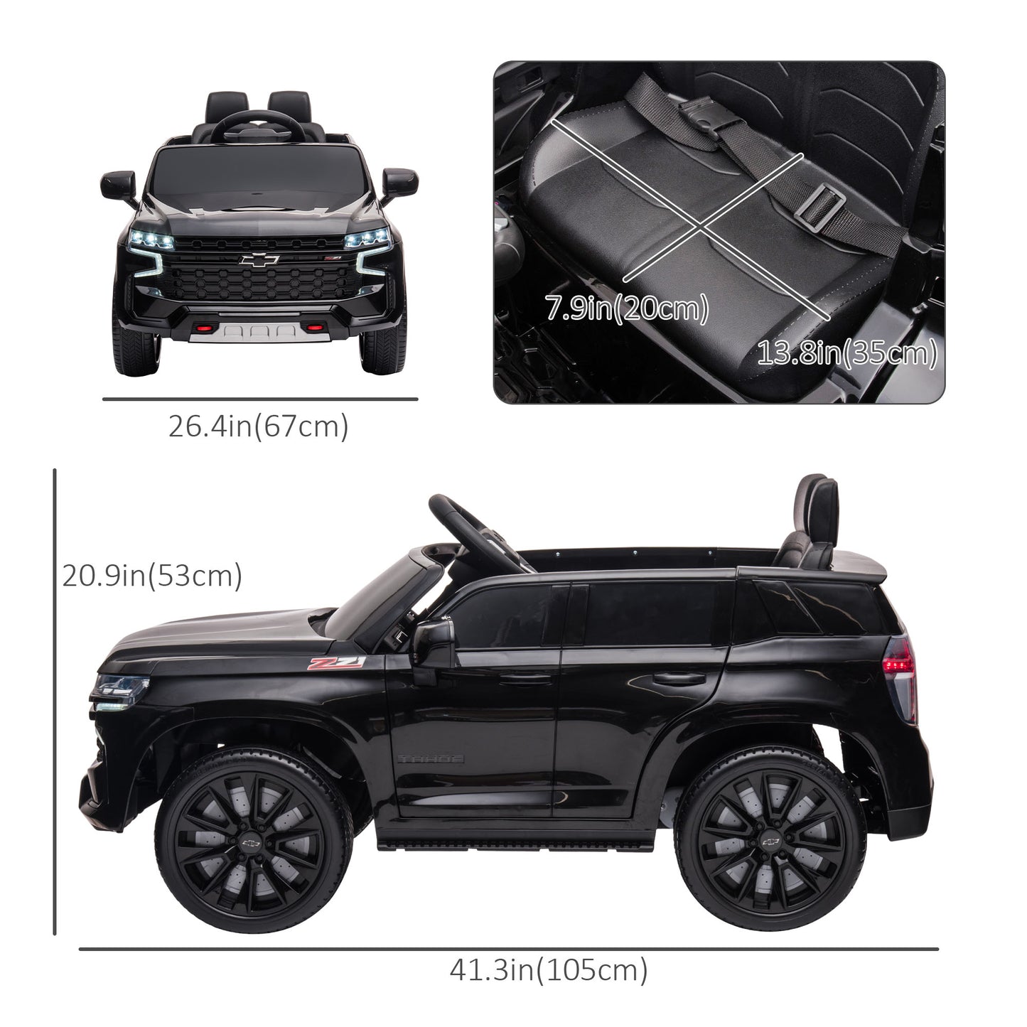 12V Ride on Car Licensed Chevrolet TAHOE with Remote Control, 3 Speed, LED Light, Horn, Music, for 3–6 Years Old, Black Kids Crystal