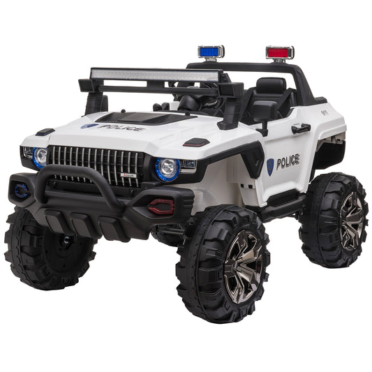 12V Kids Police Truck Ride-On Car RC 2-Seater with LED Lights MP3 Parental Remote Control White Kids Crystal