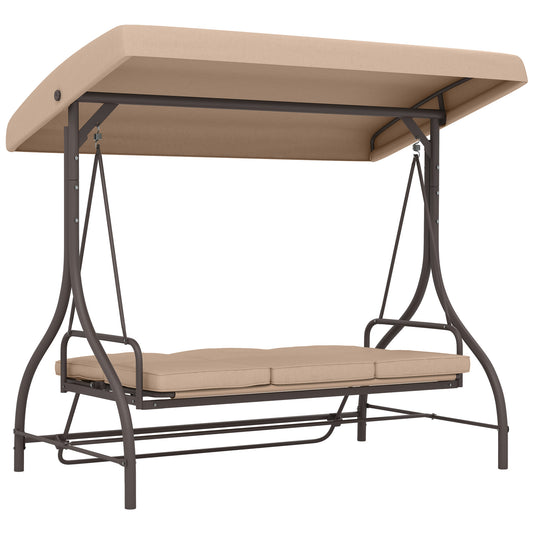 Convertible Patio Swing Bed with Canopy and Cushions, 3 Seater Porch Swing for Outdoor, Backyard, Garden, Khaki Kids Crystal