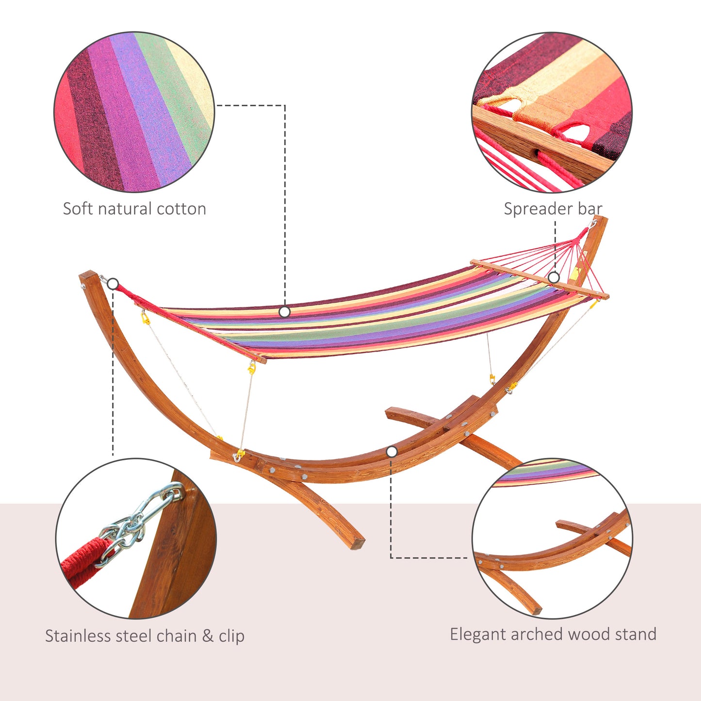 10' Outdoor Swing Hammock, Hammock with Wood Stand Rainbow Bed, Heavy Duty Roman Arc Hammock, Multi Color Kids Crystal