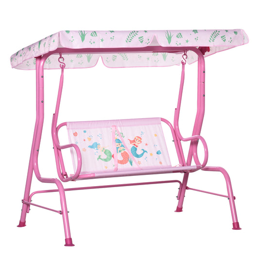 2-Seat Kid Swing with Canopy Mermaid Pattern Pink Outdoor Patio Chair Adjustable Awning