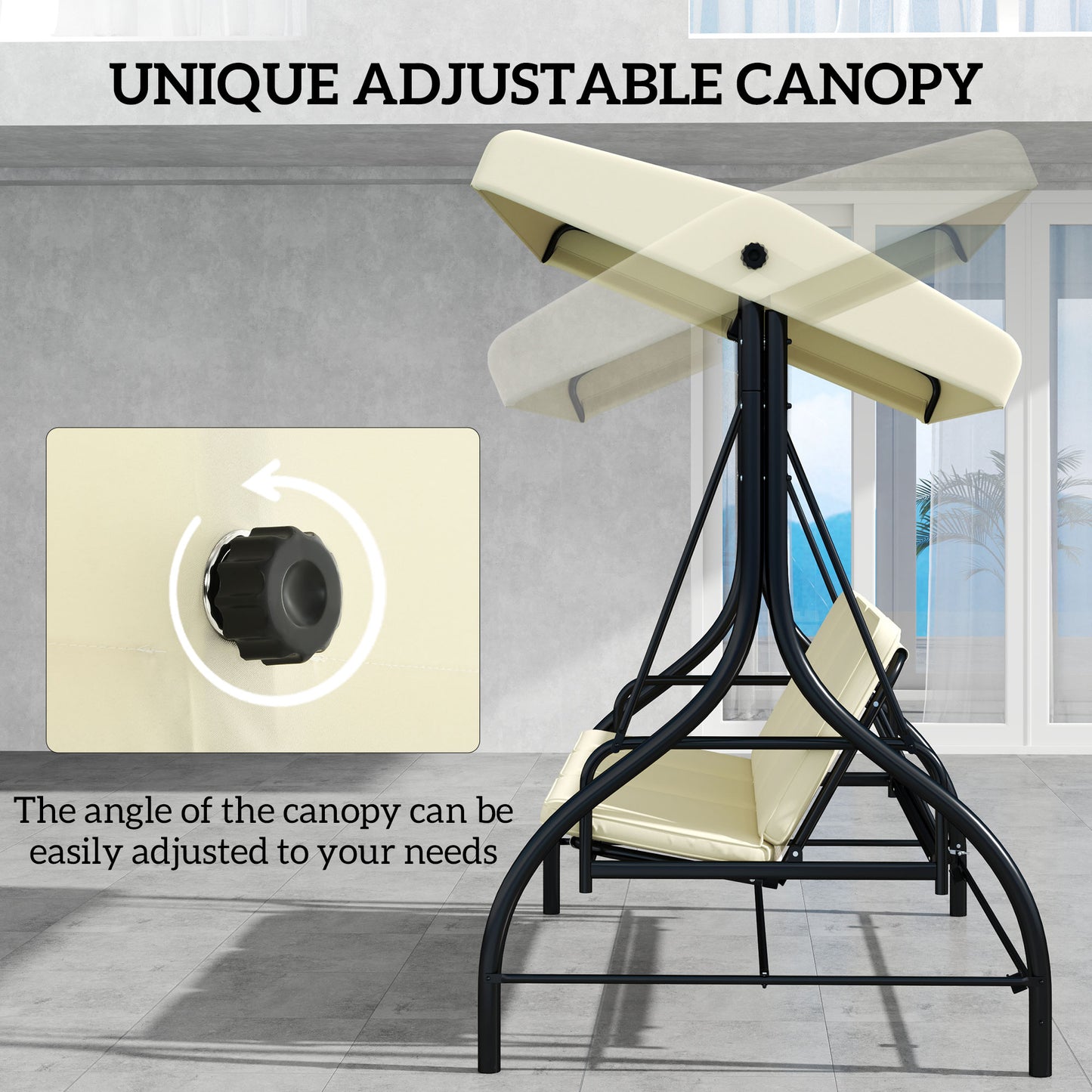 Convertible Patio Swing Bed with Canopy and Cushions, 3 Seater Porch Swing for Outdoor, Backyard, Garden, Beige Kids Crystal