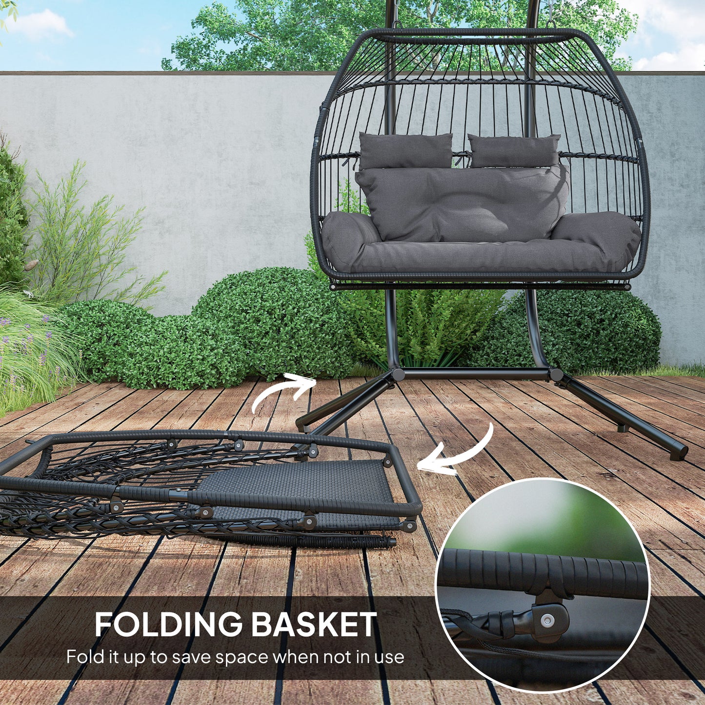 Double Wicker Egg Swing Chair with Stand, Foldable Hanging Egg Chair with UV Resistant Cushion, Headrest, Dark Grey