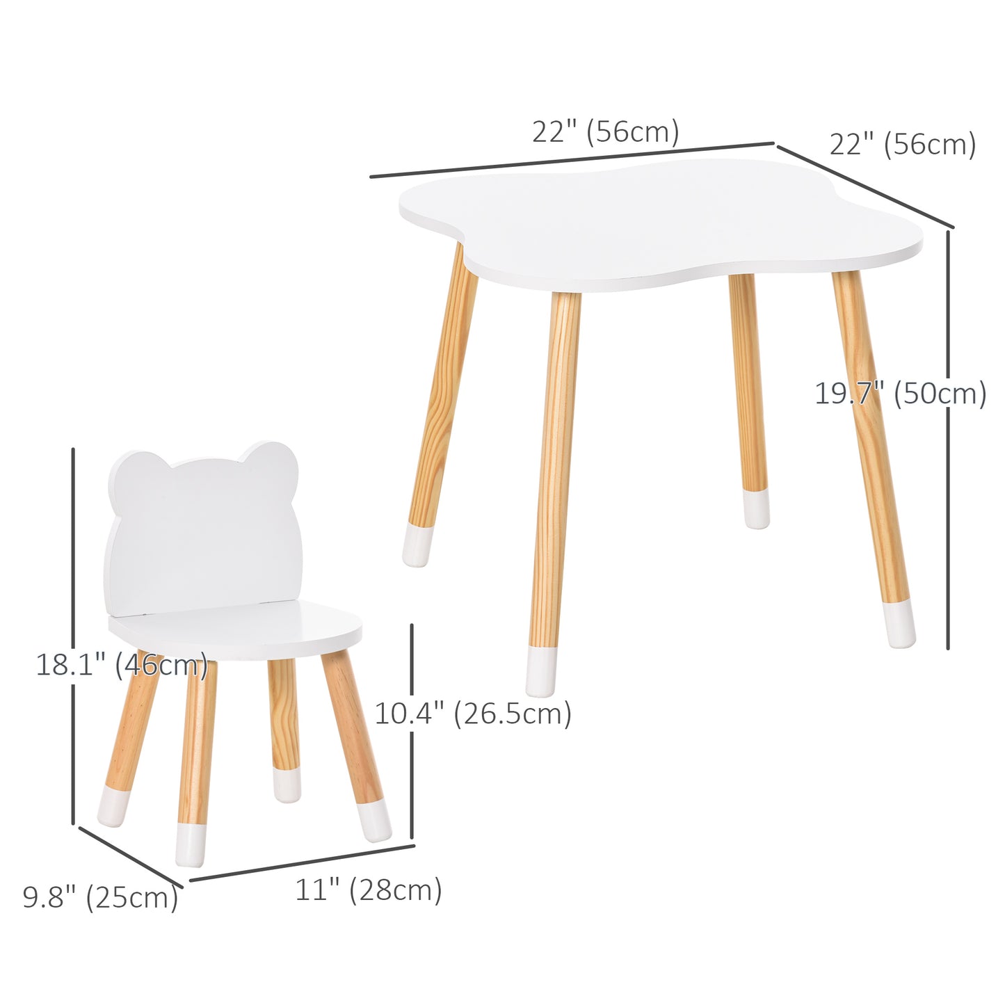 Wooden Kids Table & Chair Set: Cute Bear Design, Rounded Edges for Toddler Dining/Play in White Kids Crystal
