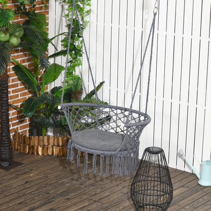 Cotton Rope Hanging Hammock Chair Porch Swing with Metal Frame and Cushion Comfortable Dark Grey