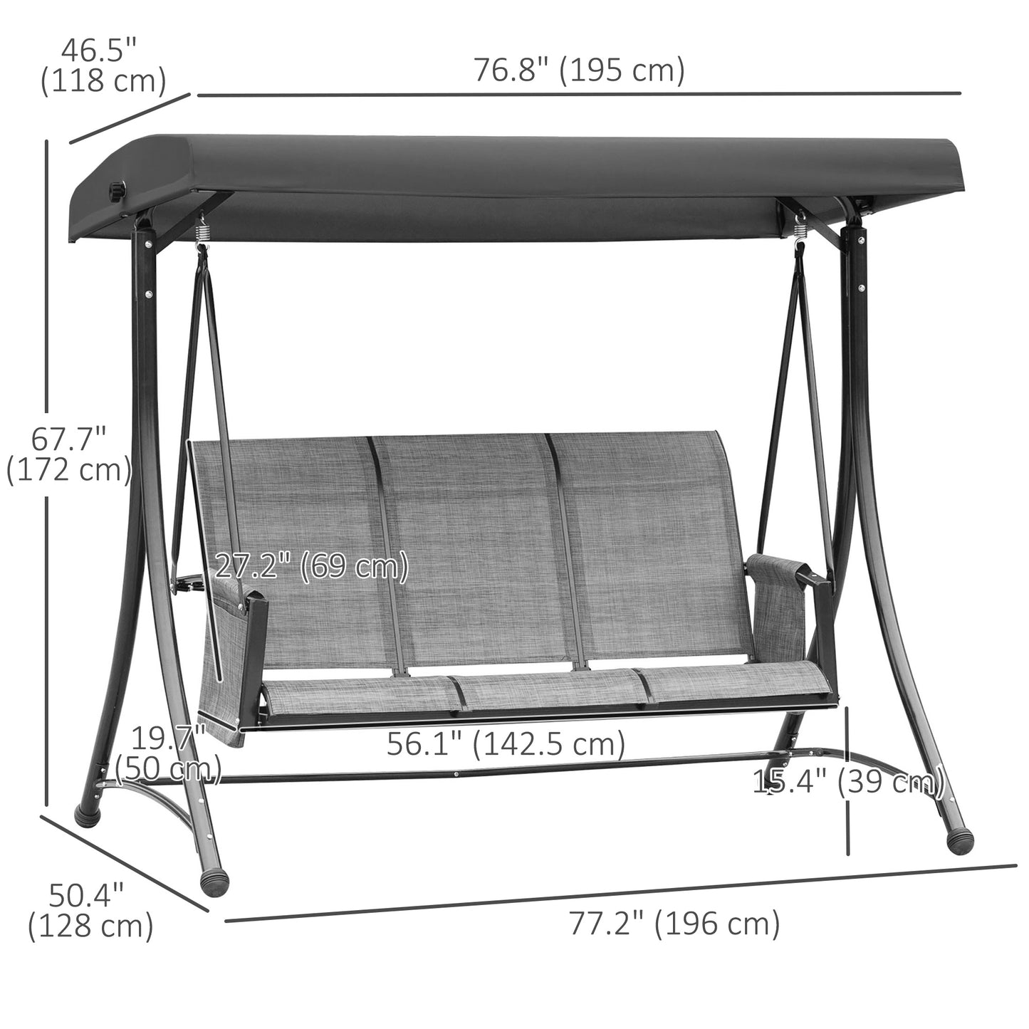 3 Person Outdoor Swing Chair - Adjustable Canopy for Optimal Shade, Comfortable Seating, Sleek Black Kids Crystal