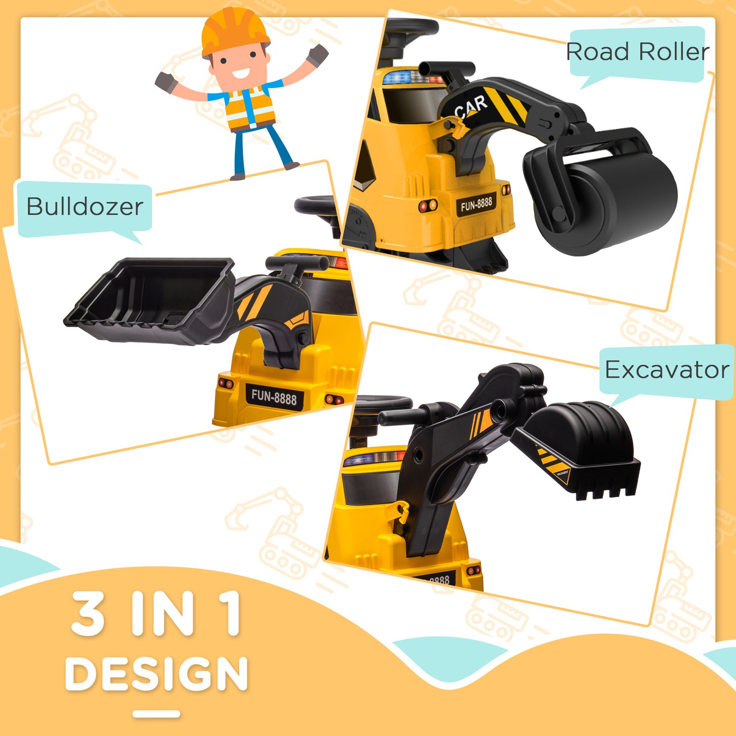 6V Electric Ride On Tractor 3 in 1 Excavator Bulldozer Road Roller Battery Powered Kids Construction Toy Kids Crystal