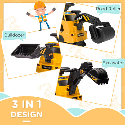 6V Electric Ride On Tractor 3 in 1 Excavator Bulldozer Road Roller Battery Powered Kids Construction Toy