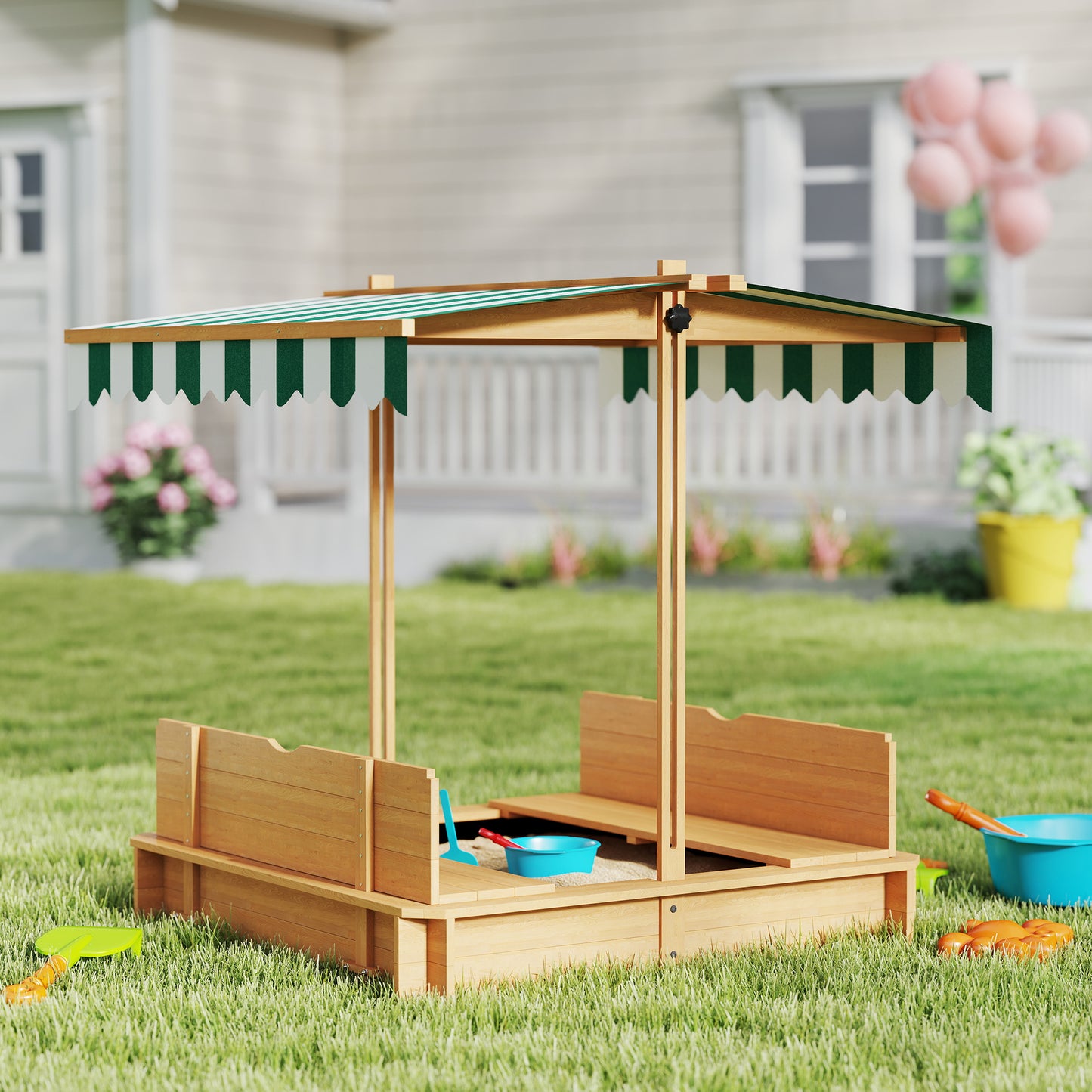 Kids Sandbox Wooden with Cover Adjustable Canopy Foldable Bench Seats Sand Play Light Brown Kids Crystal