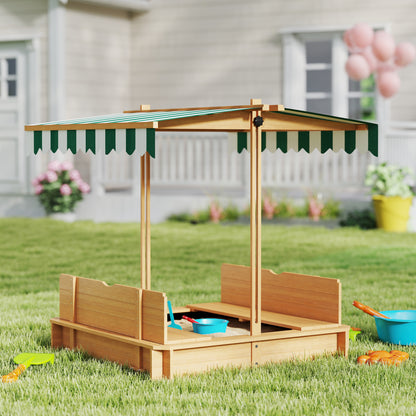Kids Sandbox Wooden with Cover Adjustable Canopy Foldable Bench Seats Sand Play Light Brown