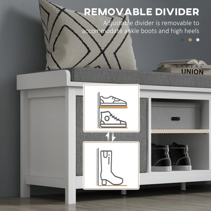 White Entryway Shoe Storage: Comfortable Cushioned Bench with 2 Drawers & Adjustable Shelf Organizer