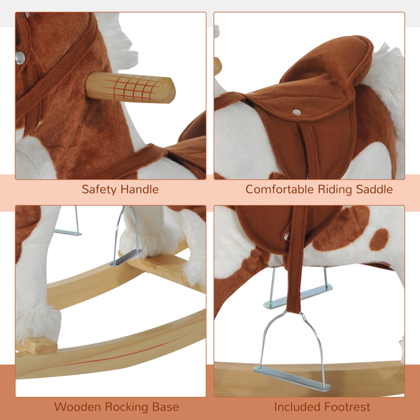 Kids Metal Plush Ride-On Rocking Horse Chair Toy w/ Nursery Rhyme Music - Light Brown / White Kids Crystal