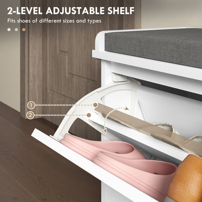 Entryway Shoe Bench with Storage Flip Drawer Adjustable Shelf for 6 Pairs Cushioned Hallway Bench White