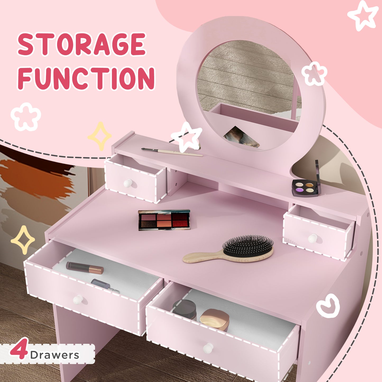 Kids Vanity Set, Children Makeup Table with Mirror, Stool and Storage Drawers, for Ages 3-8, Pink Kids Crystal