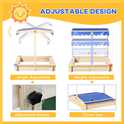 Kids Wooden Sandbox, Play Station for Children Outdoor, with Adjustable Canopy Shade, Seats, for Backyard, Beach