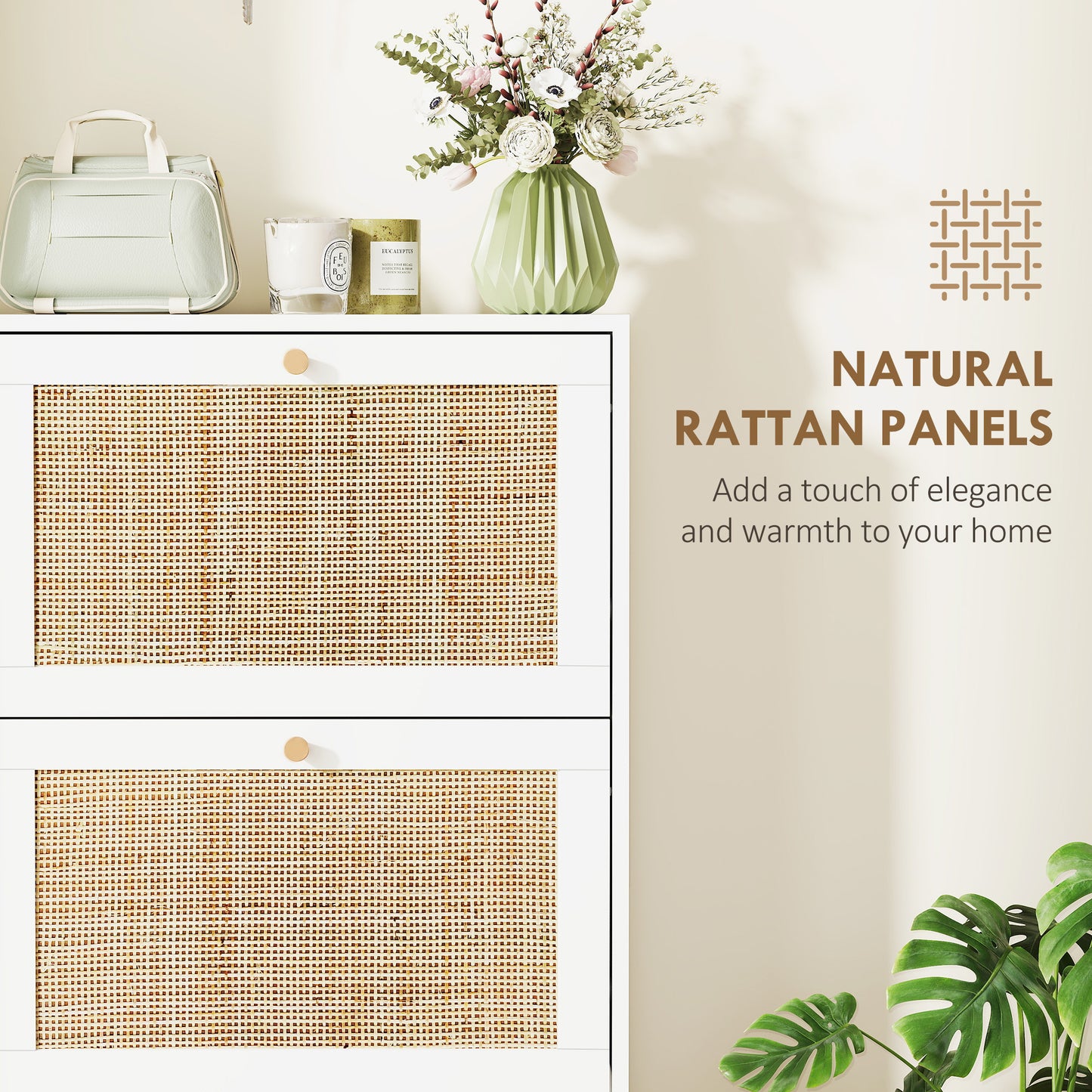Rattan Shoe Storage Cabinet with 3 Flip Drawers and Adjustable Shelves, Entryway Shoe Cabinet for 18 Pairs, White Kids Crystal