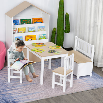 4-Piece Kids Wood Table Chair Bench Set: With Storage, Easy Clean, Natural/White Gift for Age 3+
