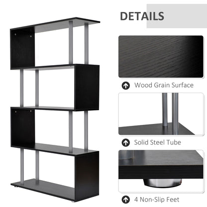 5-Tier Z-Shape Bookcase: Wooden Shelves with Steel Frame for Living Room, Bedroom, Office, Black