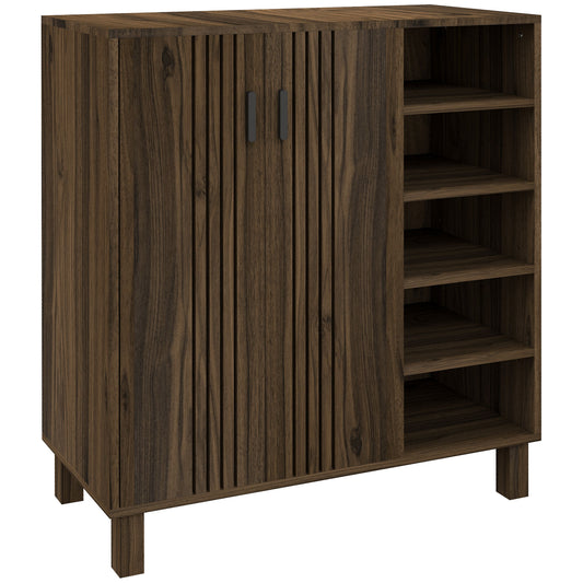 Entryway Elegance: Shoe Organizer with Double Doors, Open Shelves for 17 Pairs, Walnut Finish Kids Crystal