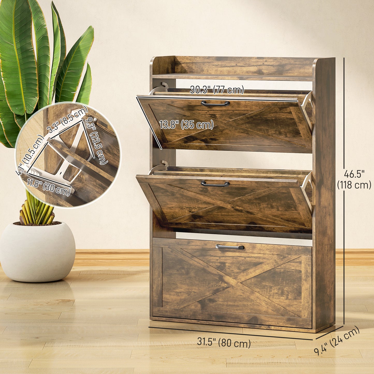 Narrow Shoe Storage Cabinet Farmhouse Shoe Cabinet with 3 Flip Drawers Adjustable Shelves for Entryway Rustic Brown Kids Crystal