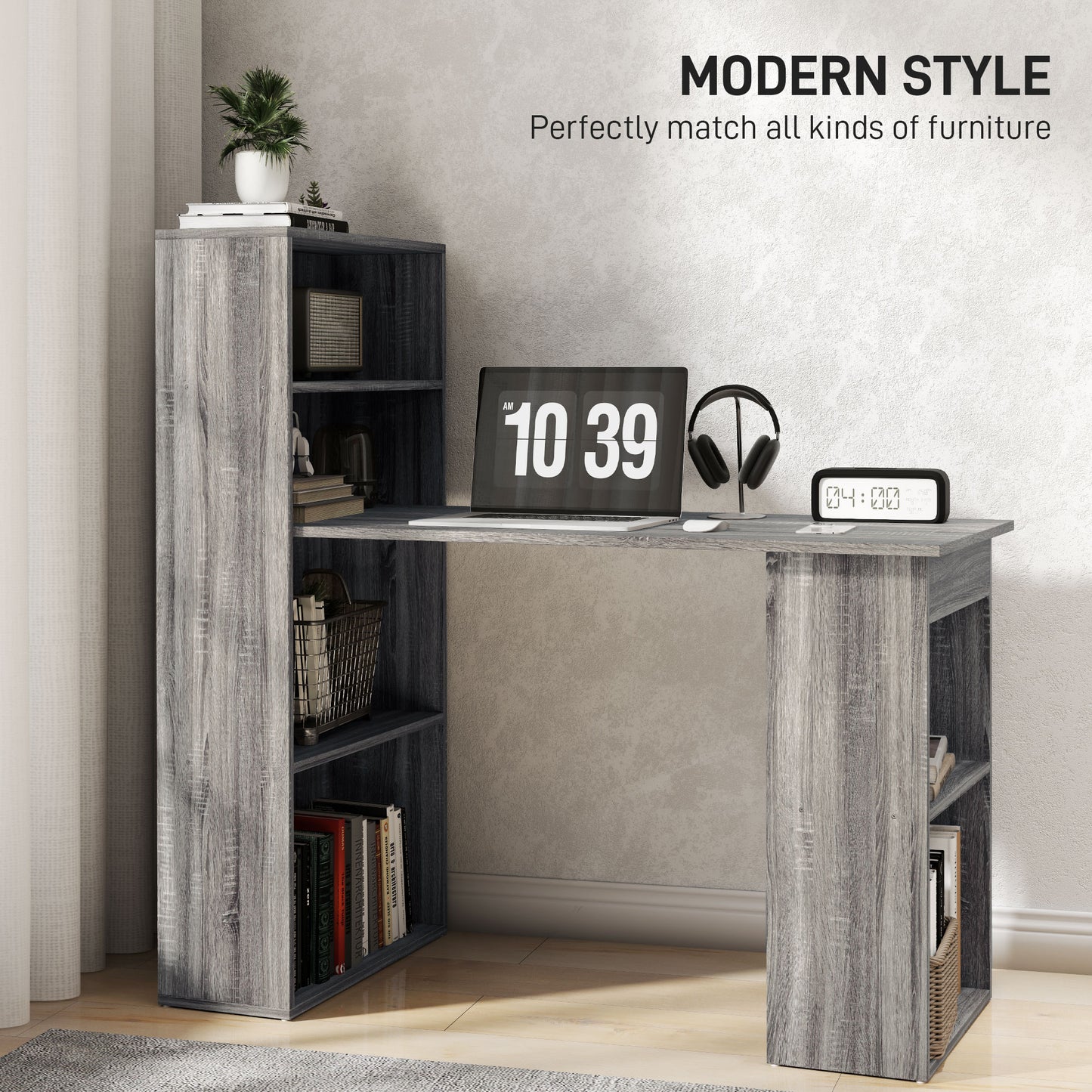 Computer Desk with Storage Bookshelf for Home Office Study Workstation Space Saving Furniture Grey Kids Crystal