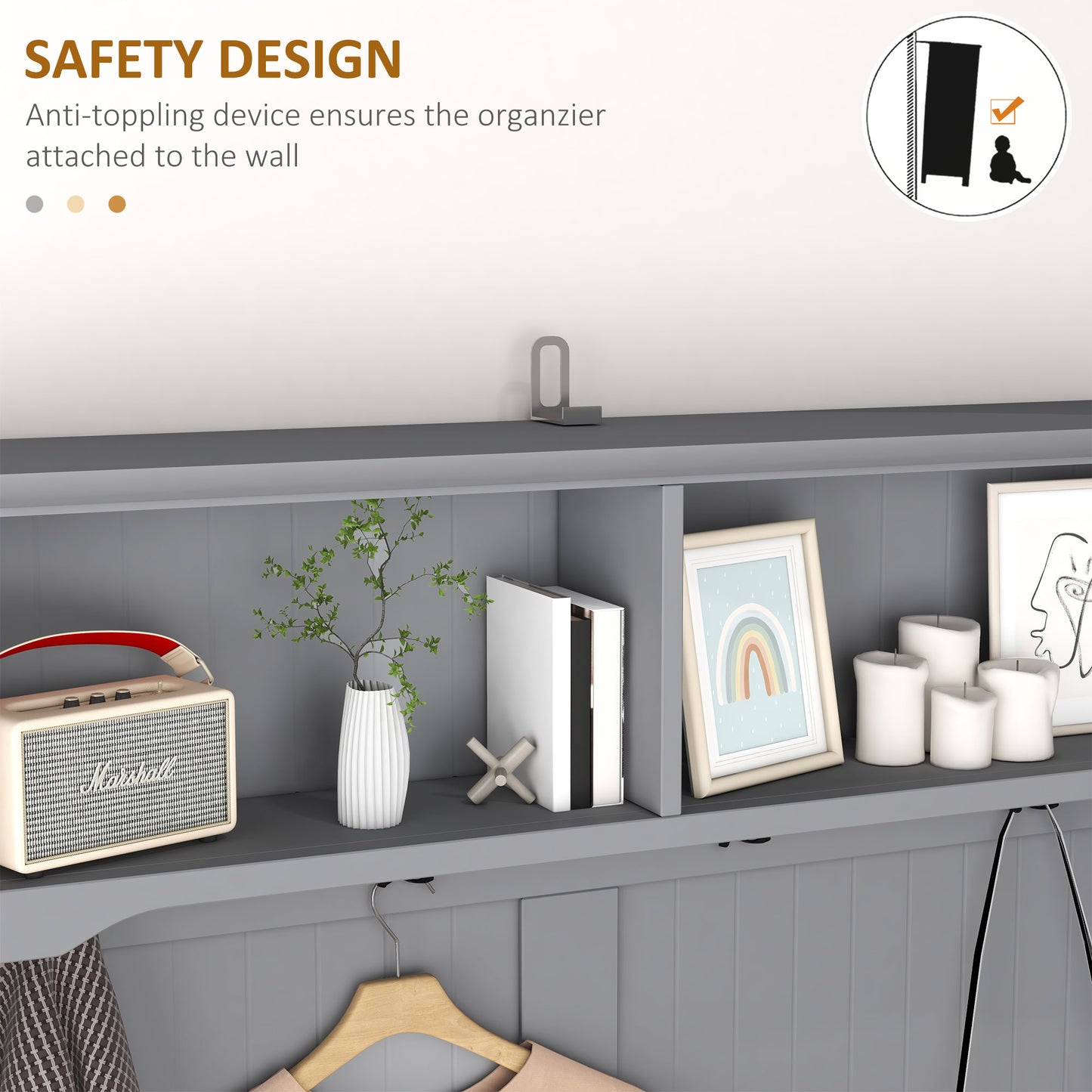 Clothing Storage, Coat Stand, Shoe Storage Bench Organizer with Coat Hanger, Drawers Padded Seat Cushion Grey Kids Crystal