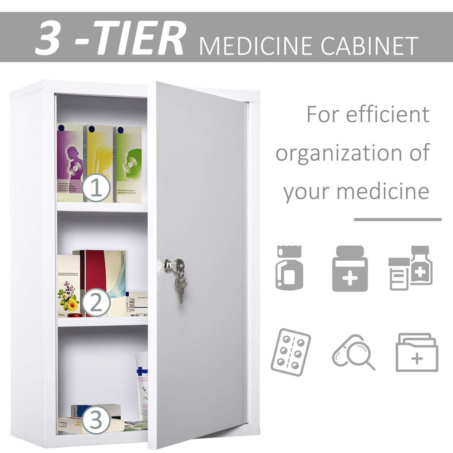 Secure Wall Medicine Cabinet: 3-Tier Lockable Steel Cabinet with 2 Keys for Bathroom Safety, White Kids Crystal