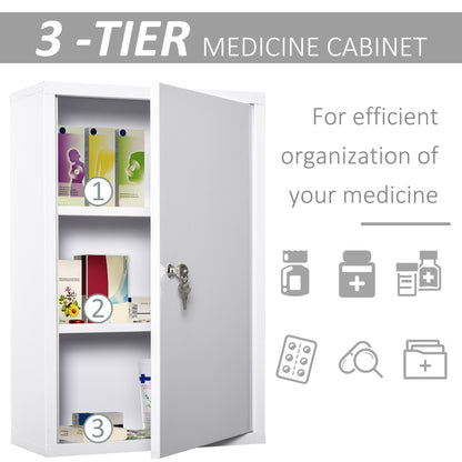 Secure Wall Medicine Cabinet: 3-Tier Lockable Steel Cabinet with 2 Keys for Bathroom Safety, White