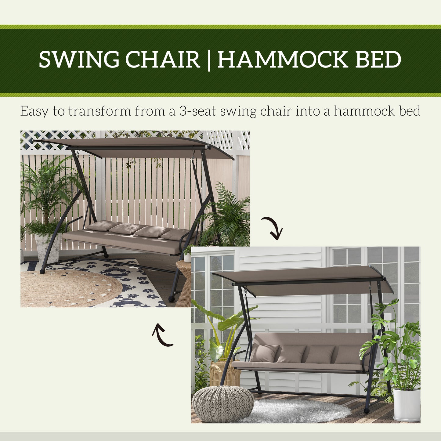 3 Seater Porch Swing Convertible Swing Chair Bed Cushioned Light Brown Kids Crystal