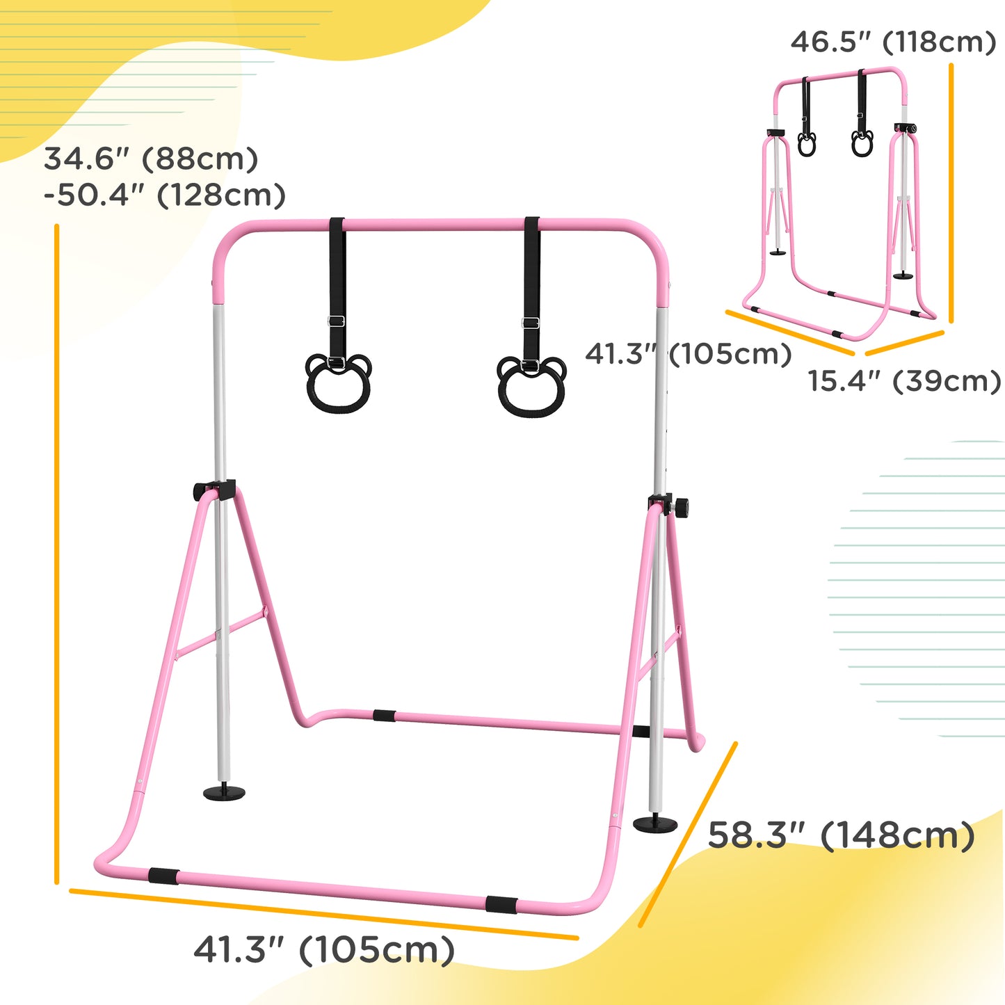 Kids Gymnastics Bar, Adjustable Height Folding Horizontal Bar with Gymnastics Rings, Non-slip Rubber Floor Rings, Pink Kids Crystal