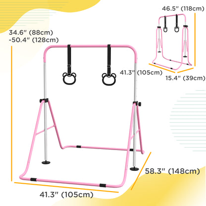 Kids Gymnastics Bar, Adjustable Height Folding Horizontal Bar with Gymnastics Rings, Non-slip Rubber Floor Rings, Pink
