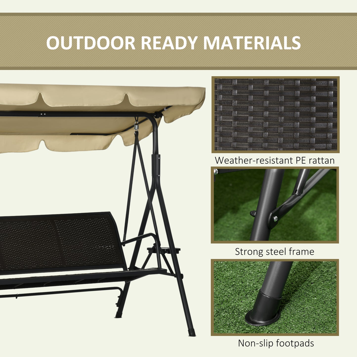 Outdoor 3-Seat Porch Swing with Canopy: Rattan Seat, Removable Cushion, Pillows, Steel Frame for Patio Comfort Kids Crystal