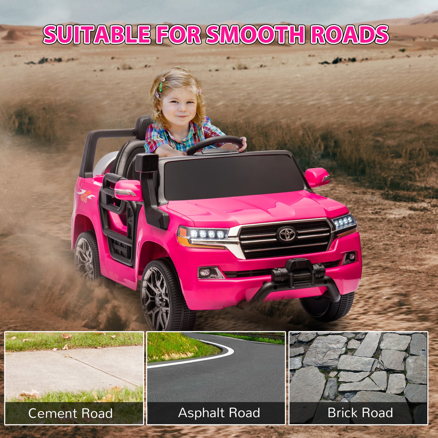12V Toyota LAND CRUISER Licensed Kids Car w/ Remote Control, Four Wheel Spring Suspension, Soft Start, LED Light, Pink Kids Crystal