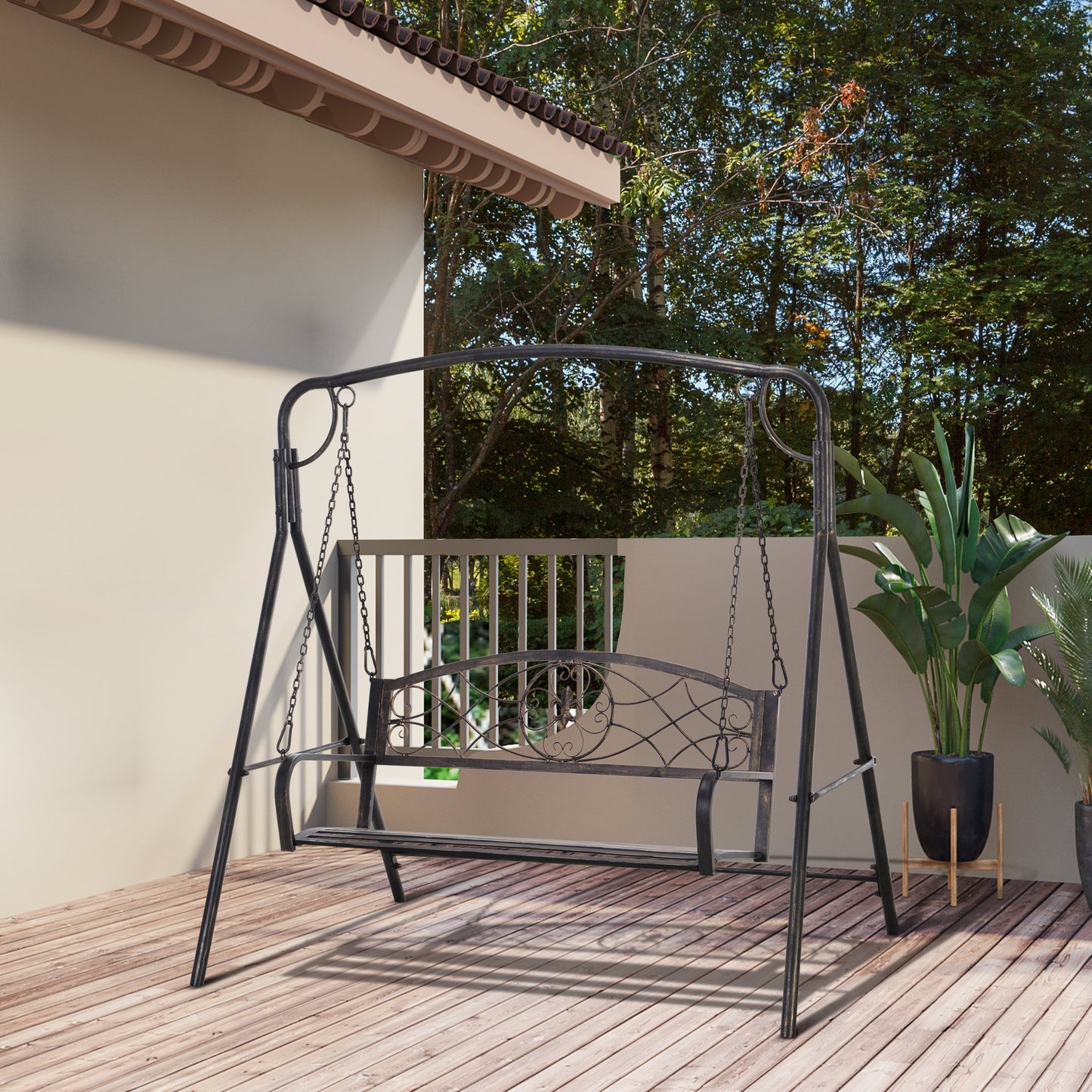 2 Seater Porch Swing Chair, Weather Resistant Outdoor Swing Seat with Metal Frame for Garden, Backyard, Lawn, Black Kids Crystal