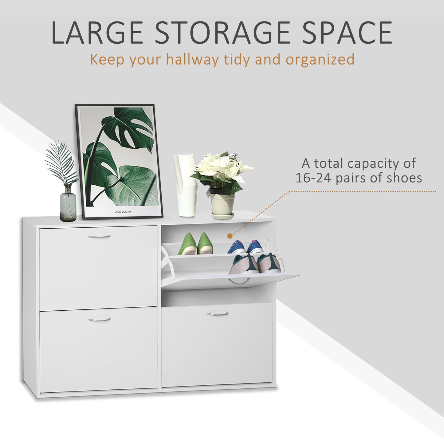 Entryway Shoe Organizer, Modern Wooden Shoe Rack Cabinet with 4 Flip Down Drawers, Ample Storage Space in White Kids Crystal