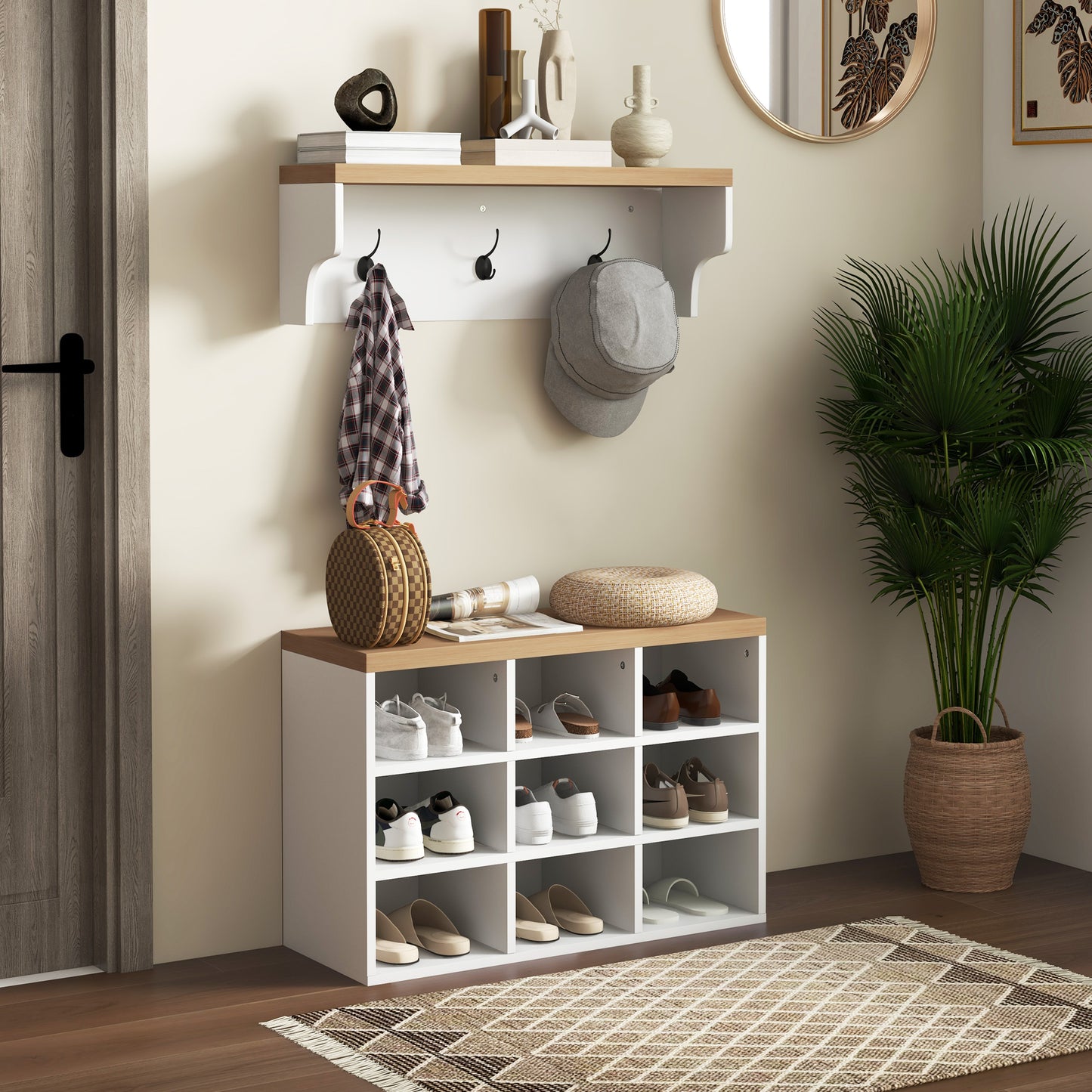 2-in-1 Hall Tree, 5-Hook Coat Rack Shoe Bench Set w/ Bench and Shoe Storage for Entryway, Hallway, White Kids Crystal