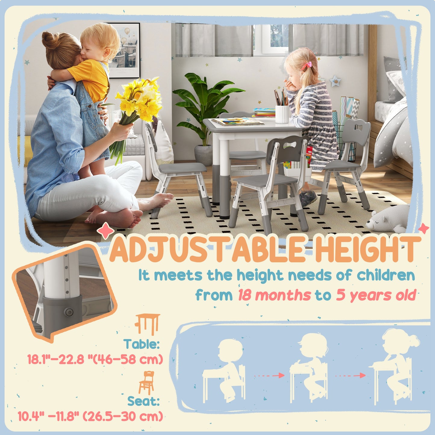 5 Piece Toddler Table Chair Set Height Adjustable Activity Set Nursery Classroom Playroom Furniture Grey