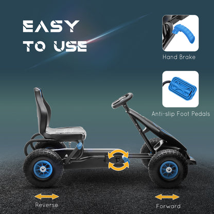 Kids Pedal Go Kart Ergonomic Adjustable Seat Rubber Wheels Shock Absorb Safety Hand Brake Ages 5-12 Blue