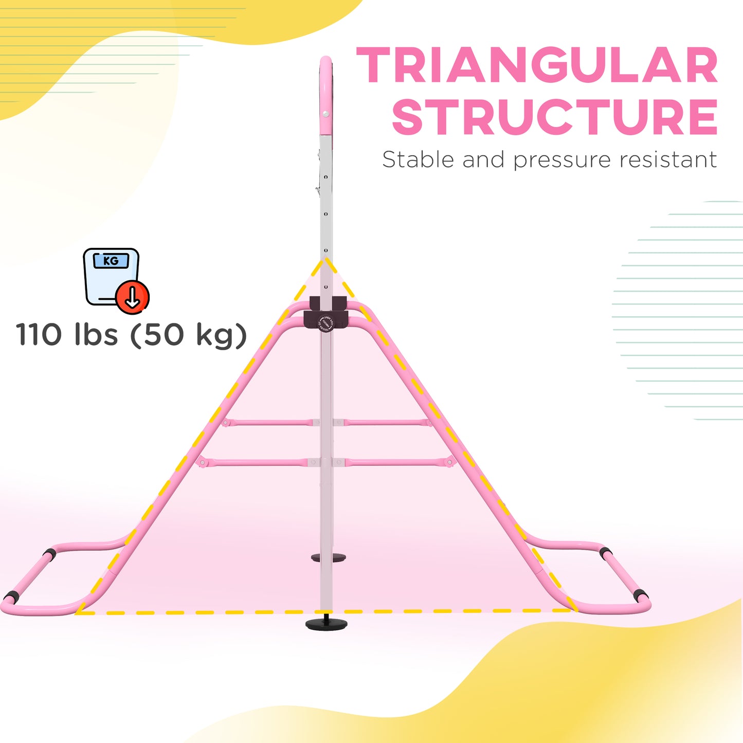 Kids Gymnastics Bar, Adjustable Height Folding Horizontal Bar with Gymnastics Rings, Non-slip Rubber Floor Rings, Pink Kids Crystal