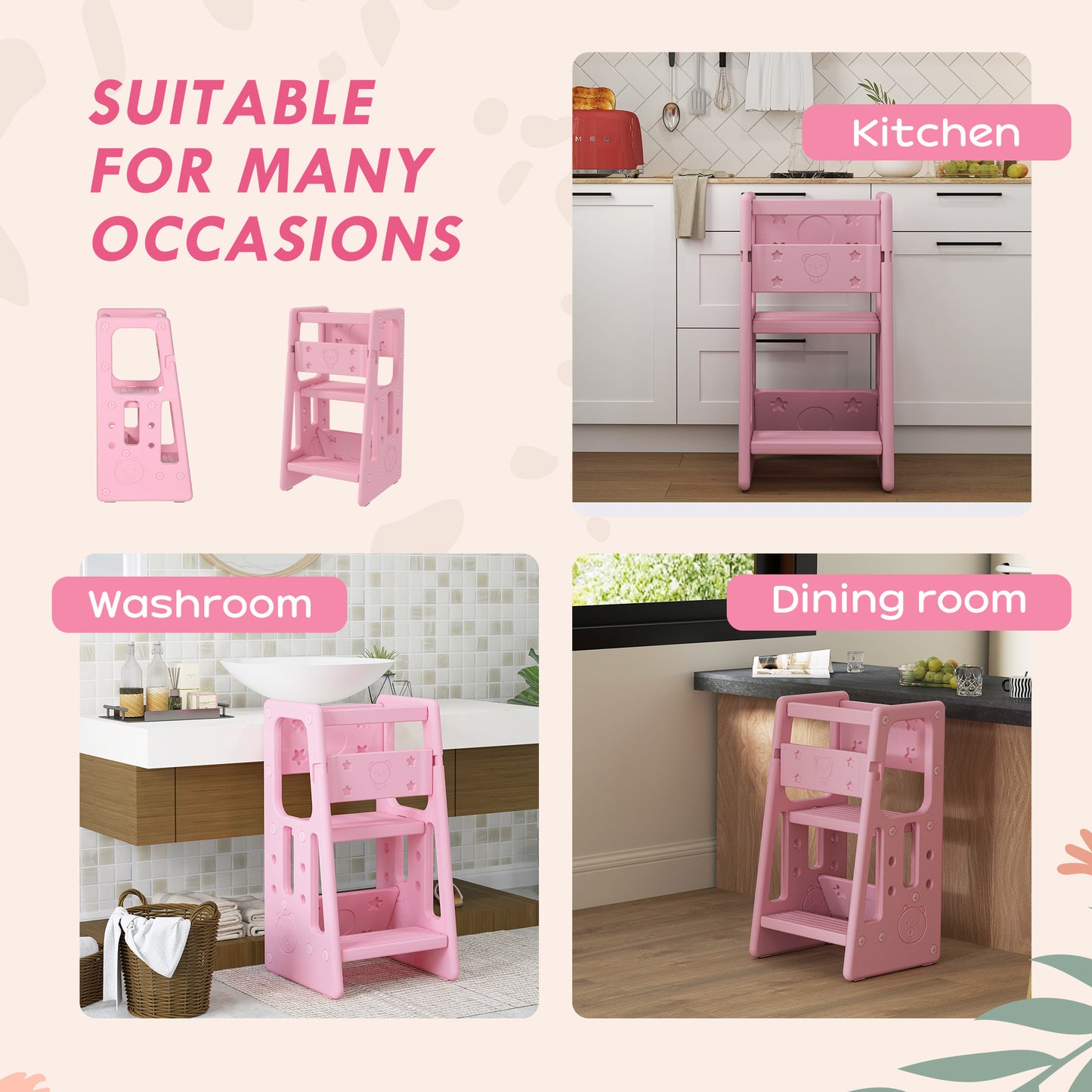 Toddler Kitchen Helper 2 Step Stool with Adjustable Height Platform and Safety Rail, Pink