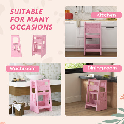 Toddler Kitchen Helper 2 Step Stool with Adjustable Height Platform and Safety Rail, Pink