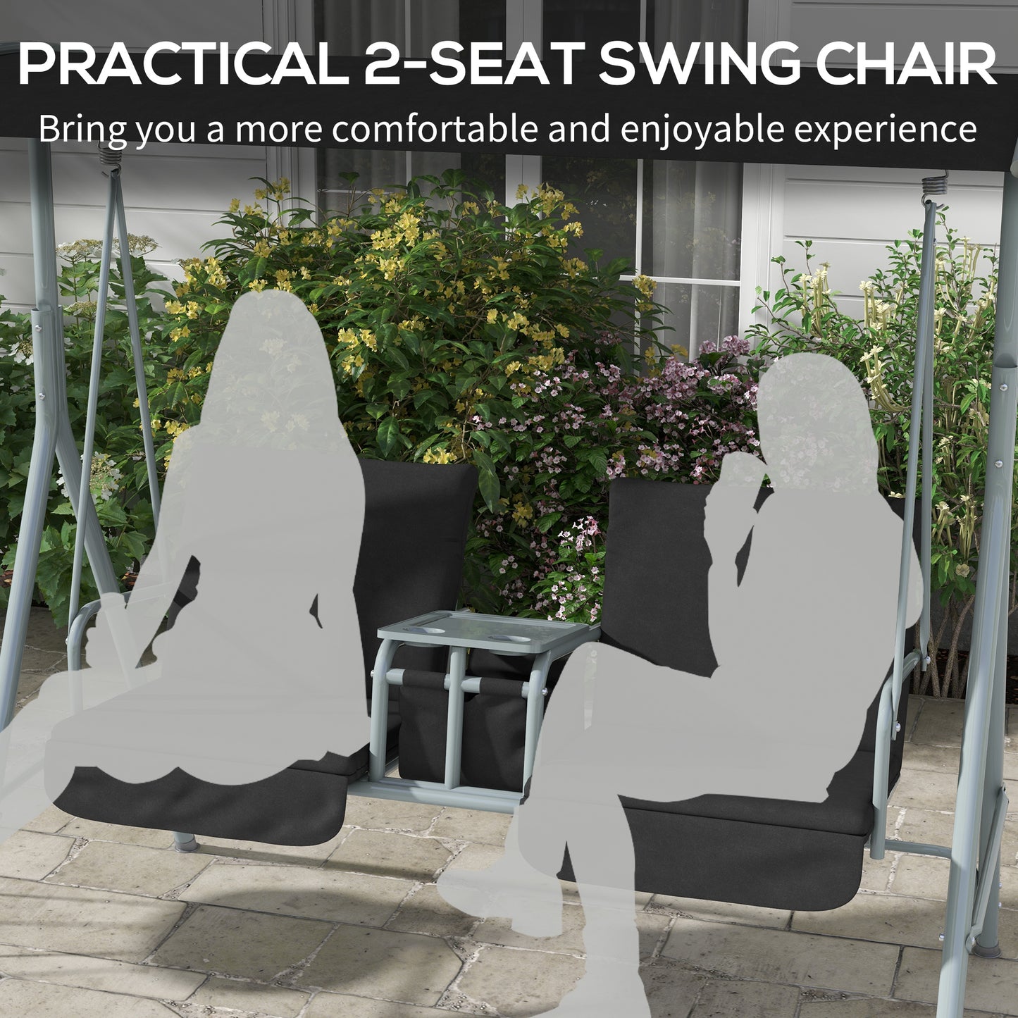 2-Seater Outdoor Porch Swing with Adjustable Canopy and Table, Patio Swing Chair for Garden, Poolside, Backyard, Black Kids Crystal