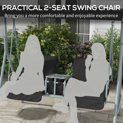 2-Seater Outdoor Porch Swing with Adjustable Canopy and Table, Patio Swing Chair for Garden, Poolside, Backyard, Black