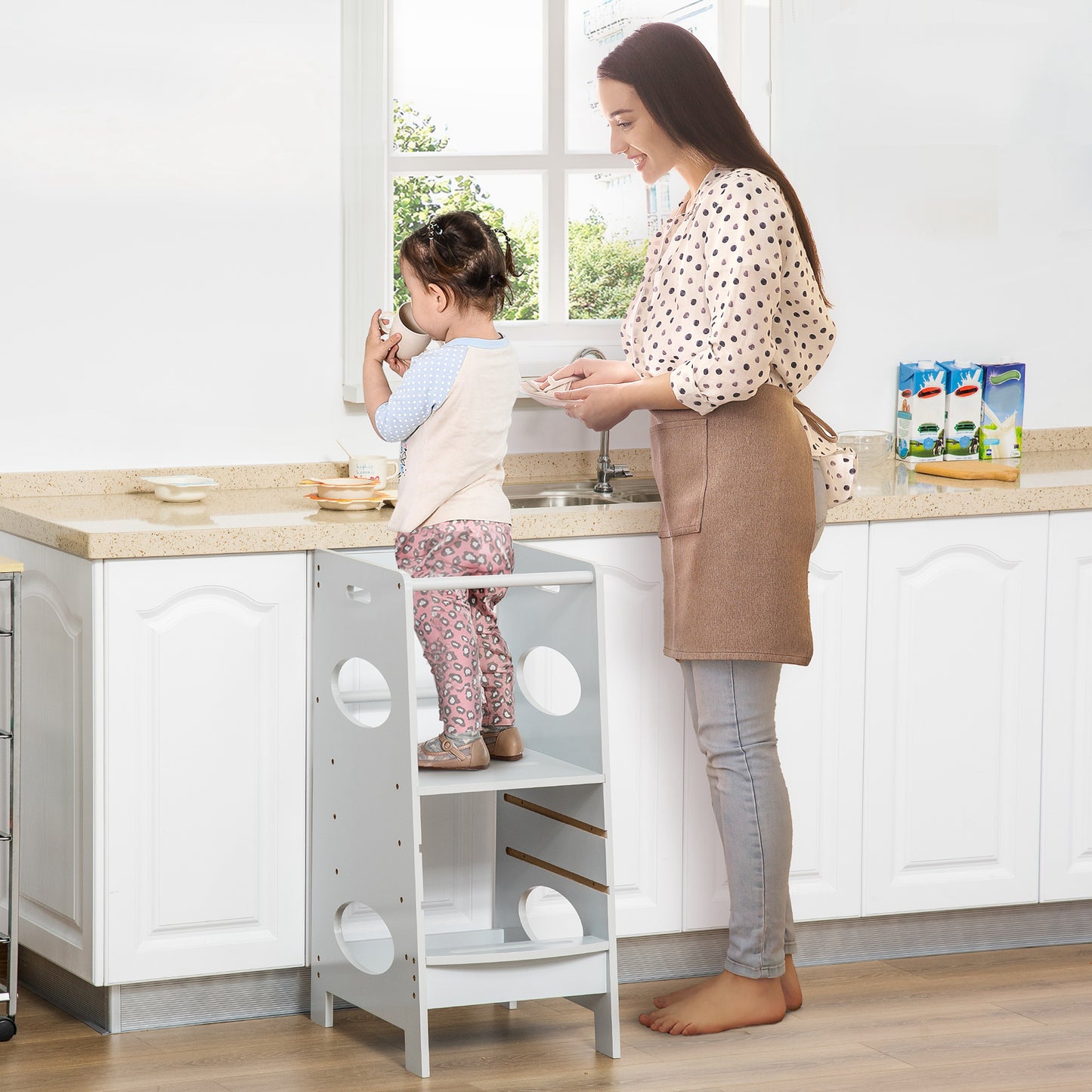 Adjustable Toddler Kitchen Step Stool with Safety Rail in Grey - Perfect for Little Helpers