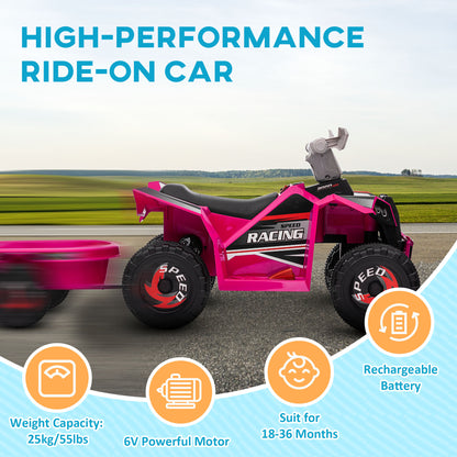 Ride-On Car: 6V, Electric, Trailer, Forward/Reverse, Wear-Resistant Wheels, Toddlers, Pink