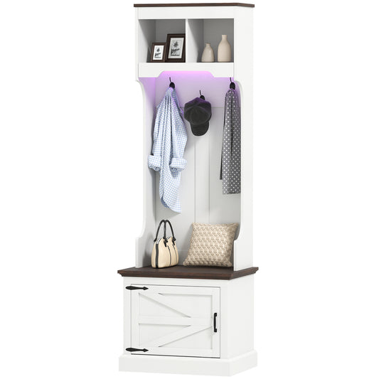 3-in-1 Hall Tree with LED Lights and Bench, Coat Rack with Shoe Storage, White Wood Grain
