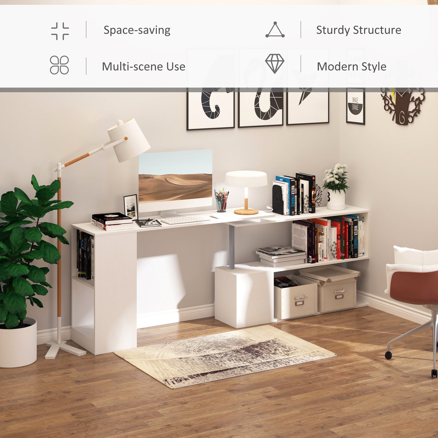 L-Shaped Desk 55", 360° Rotating Corner Workstation, 3-Tier Shelves, Bookshelf, White Kids Crystal