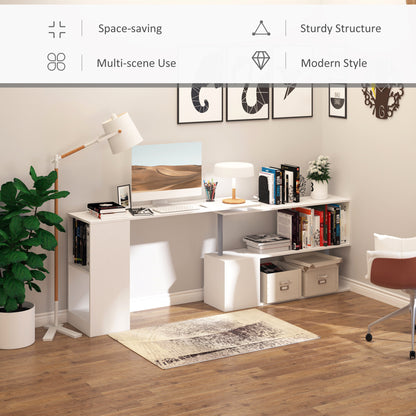 L-Shaped Desk 55", 360° Rotating Corner Workstation, 3-Tier Shelves, Bookshelf, White